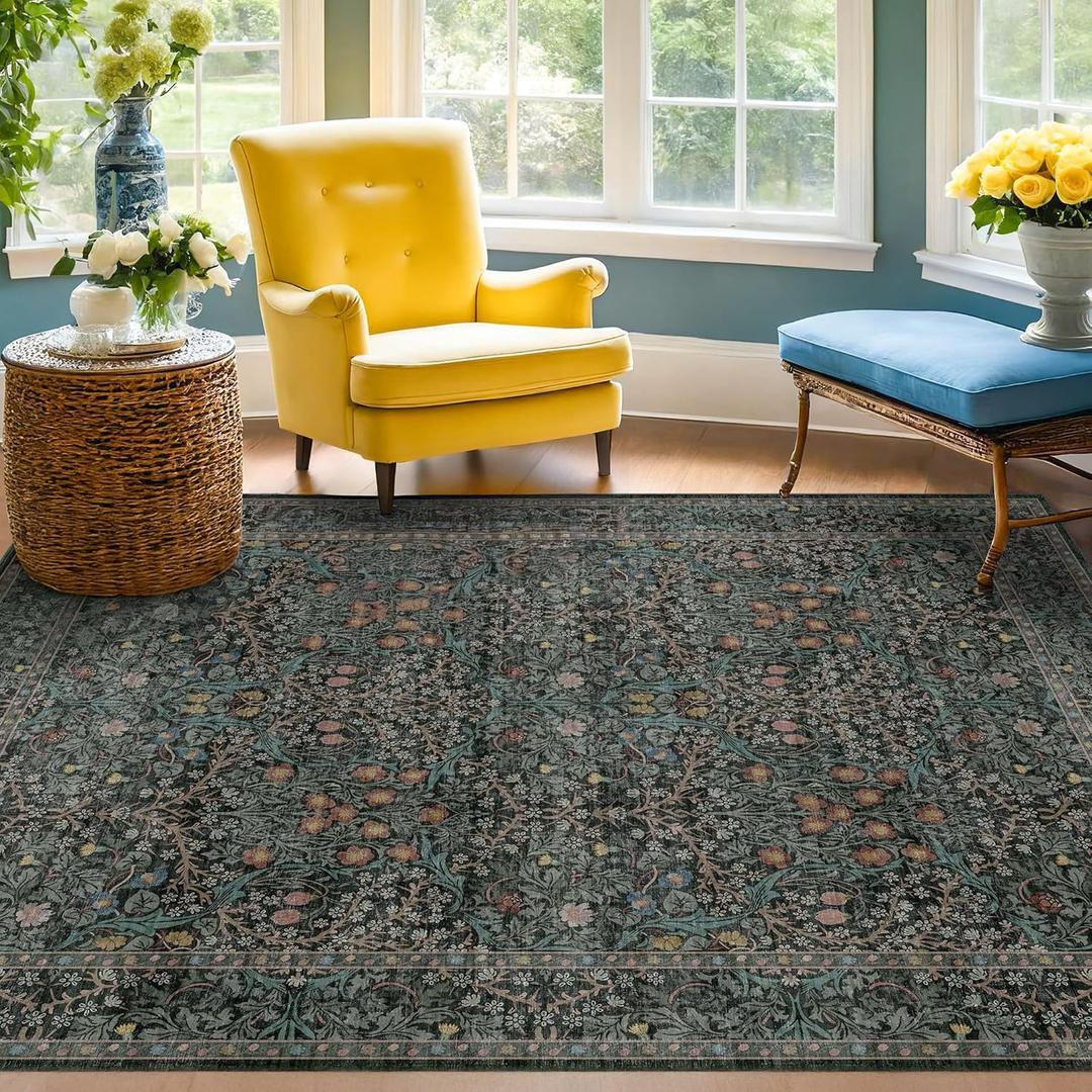 Washable Vintage 5x8 Living Room Rug, Dark Green Floral Area Rug for Bedroom Under Bed, Dining Room Under Small Dining Table, Office - Oriental Low Pile Non Slip & Stain Resistance (5x8 Dark Green)