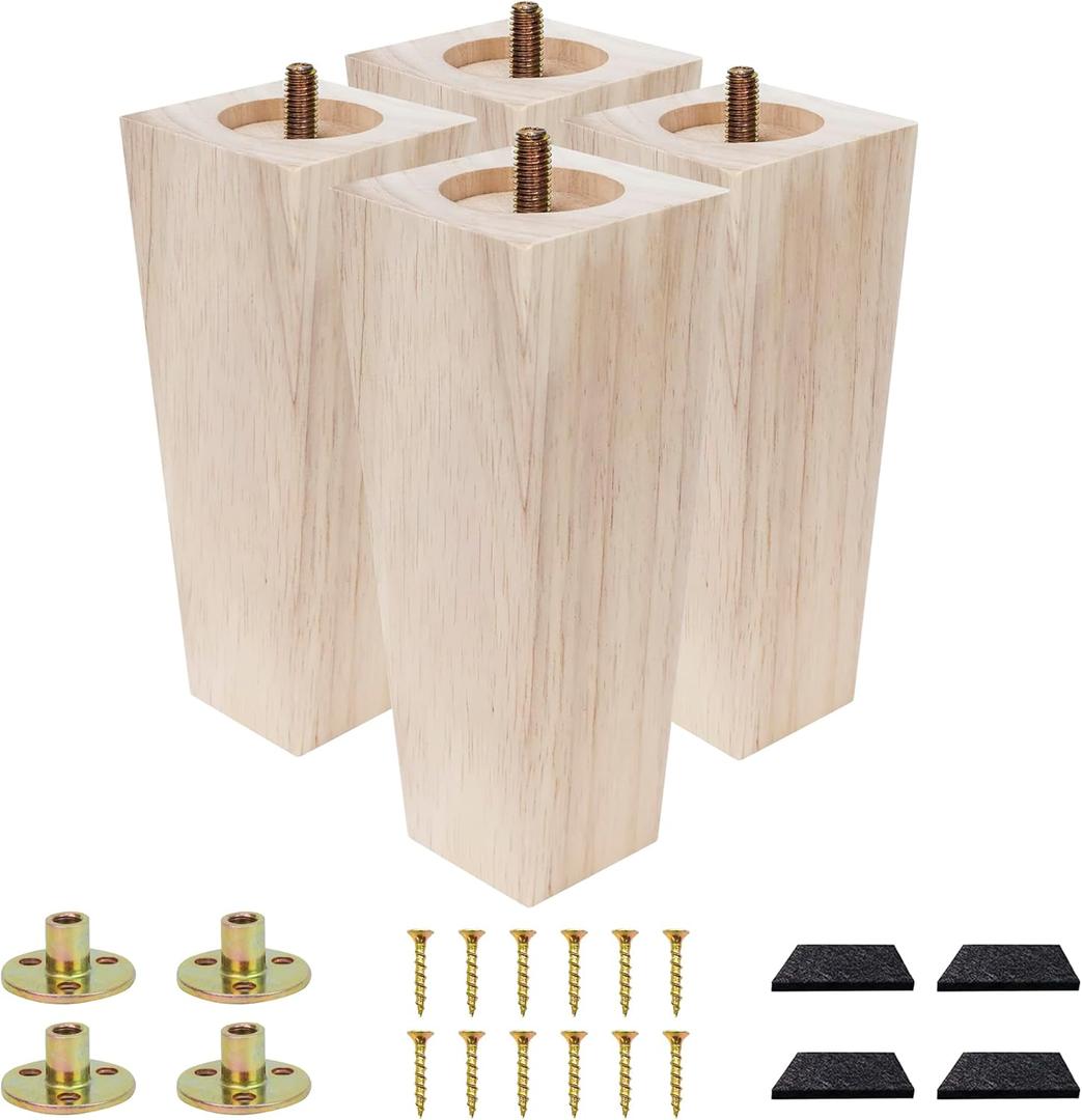 Furniture feet Table Legs Couch Legs Unfinished Square Bed Feet 6 inch Wood Replacement Leg for Furniture Set of 4, Natural (4set, 6in)