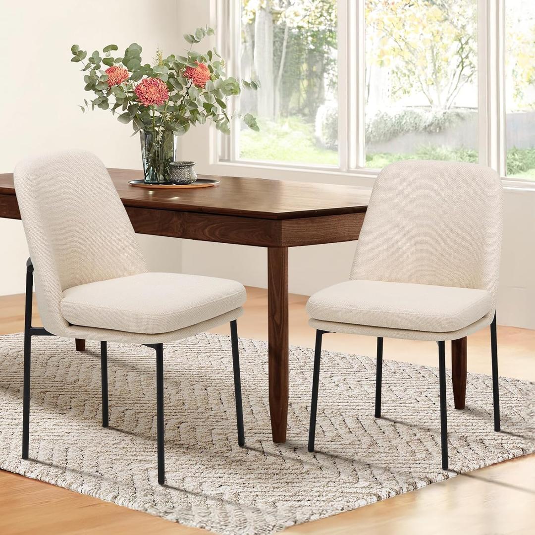 COLAMY Dining Chairs Set of 2, Fabric Upholstered Dining Room Chairs Dinner Chair Stylish Kitchen Chairs with Curved Back and Metal Legs, Beige