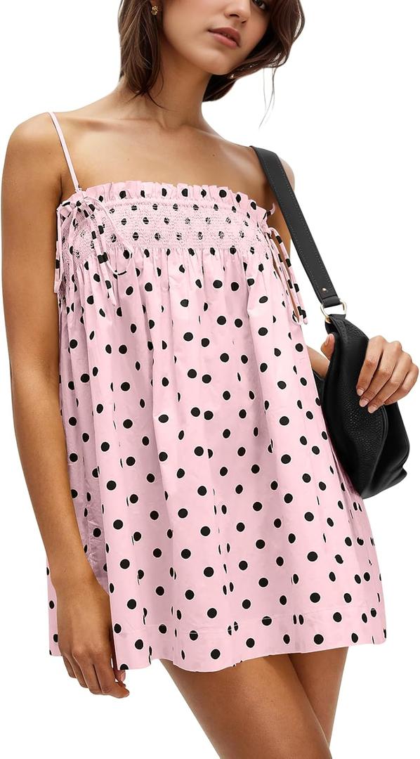 Women Polka Dot Sleeveless Square Neck Backless Spaghetti Strap Smocked Flowy Ruched Sexy Mini Cami Dress (Large, Pink)