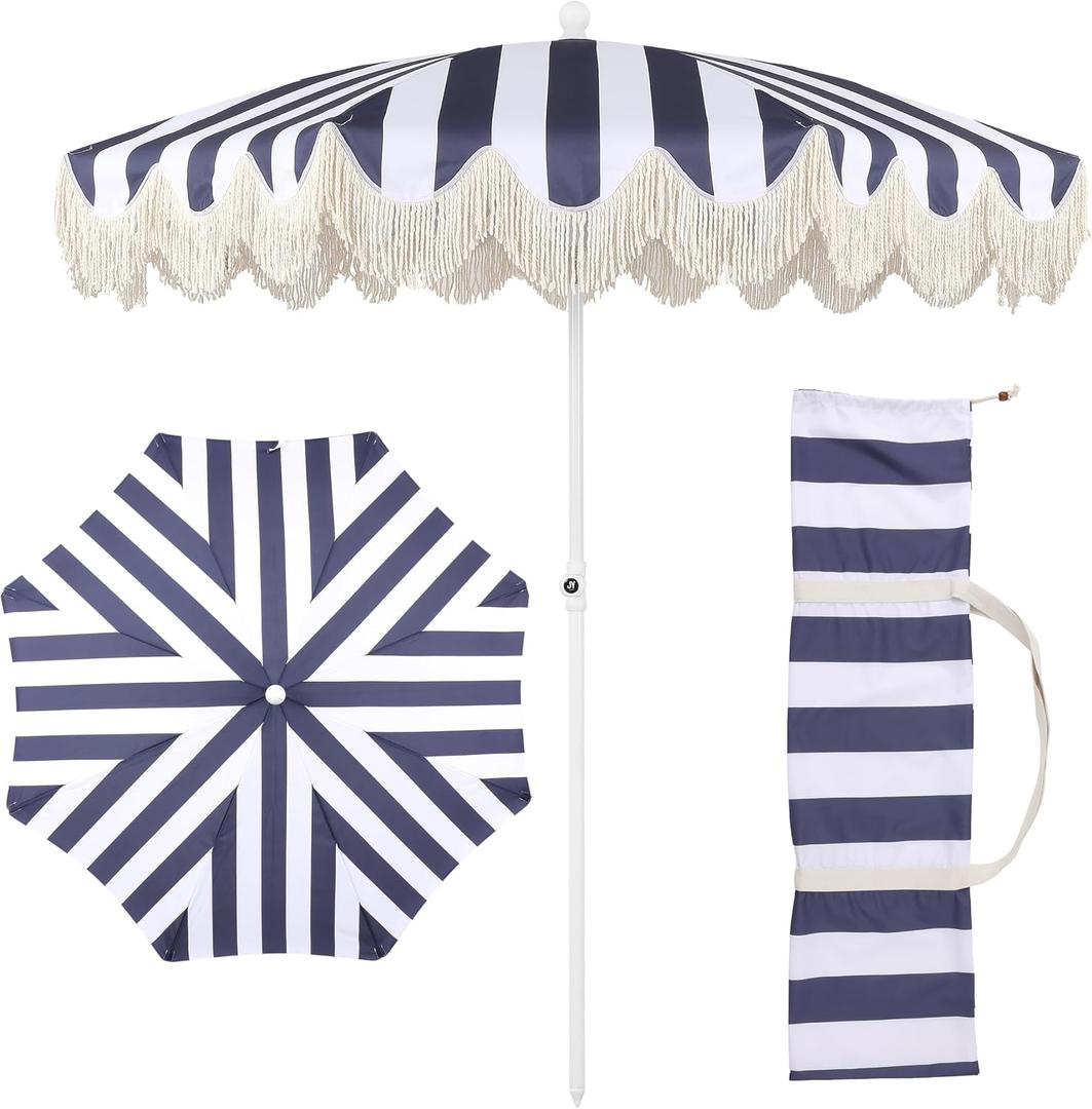 JONATHAN Y Mariner 6.5 ft. Striped Fringe Beach Umbrella, Navy/White, 78 inches diameter, 84 inches height