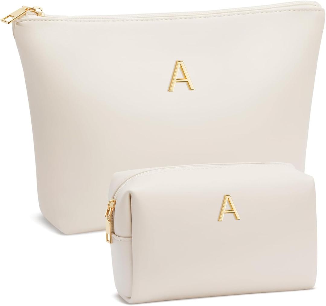 Mom Gifts| Initial Makeup Bag Set for Women Girls Personalized Gifts for Bridesmaid Teachers Graduation Friend Female PU Leather Cosmetic Travel Toiletry Bag(Beige,A)