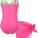 Funnycokid Girls One Piece Swimsuit Color Block Teen Bathing Suit with Pad Cover Up Skirt (7-16Y)