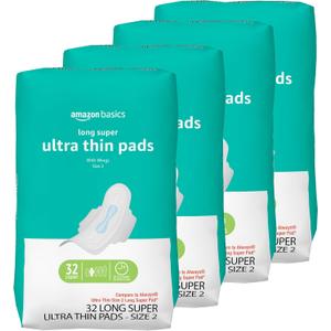 Amazon Basics Ultra Thin Pads with Flexi-Wings for Periods, Long Length, Super Absorbency, Unscented, Size 2, 128 Count, 4 Packs of 32