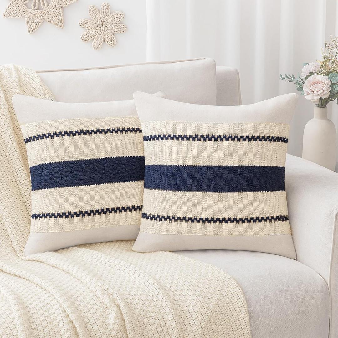 Laolitou Boho Pillow Covers 1818 Pack of 2, Decorative Rustic Cotton Linen Soft Blue Throw Pillow Cover for Living Room Sofa Bedroom Couch Cushions Home Decor