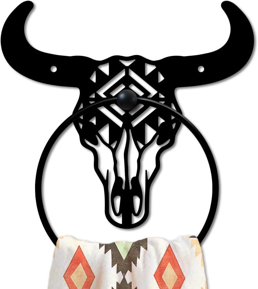 MAYJOYDIY Bull Skull Metal Towel Ring Western Cow Skull Towel Holder Country Western Style Wall Decor Towel Hanger Black Art Towel Rack Wall Mounted for Bathroom Kitchen Home Decors Gift