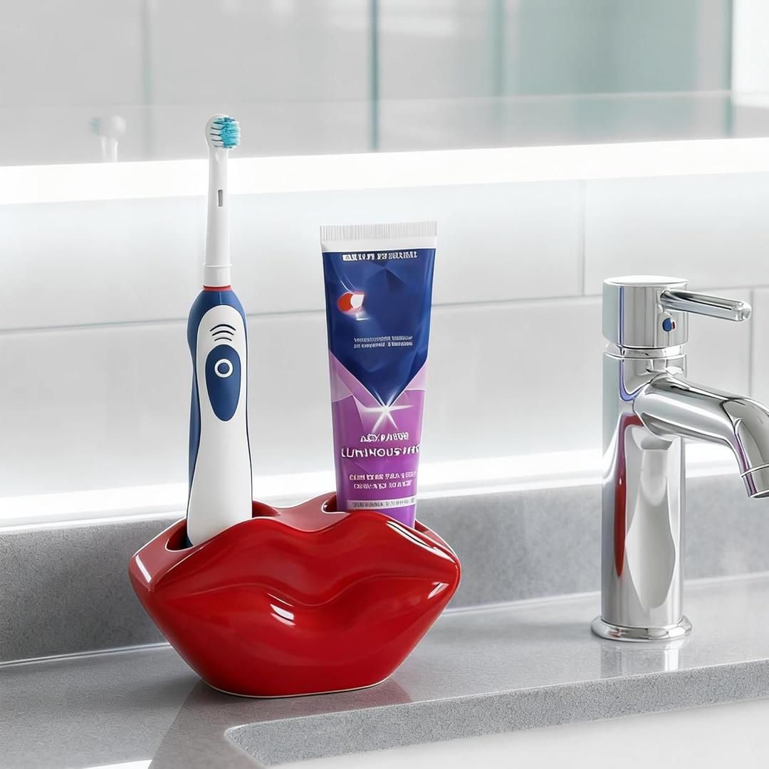 Lip-Shaped Ceramic Toothbrush Holder, Red Electric Toothbrush & Toothpaste Stand with Drain Hole, 2-Slot Bathroom Countertop Organizer for Vanity Decor
