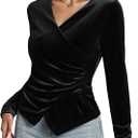 Women's Velvet Wrap Top, Wrap V Neck Ruched Asymmetrical Long Sleeve Slim Fit Dressy Blouse (Black)