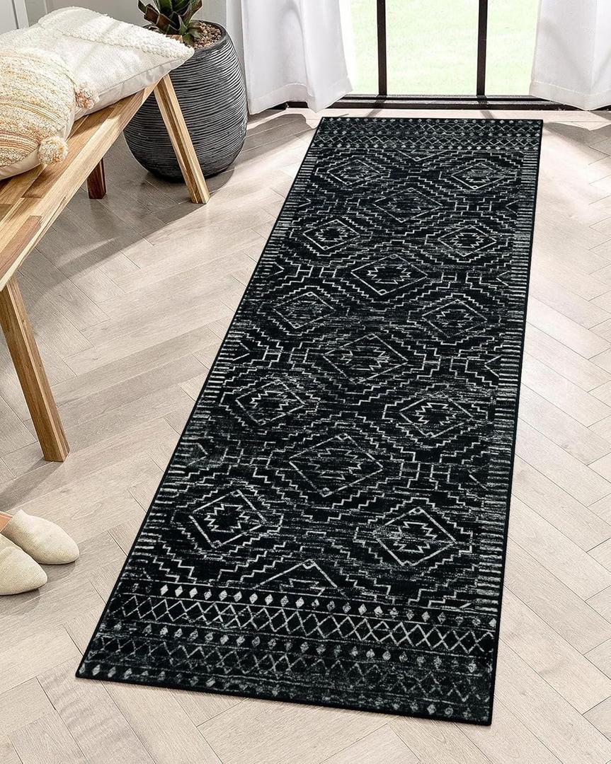 Wonnitar Washable Kitchen Runner Rug 2x6, Moroccan Black Runners for Hallway, Non Slip Bohemian Soft Bathroom Throw Mat Geometric Carpet Runner for Laundry Entryway Bedroom (Black,2'x6')