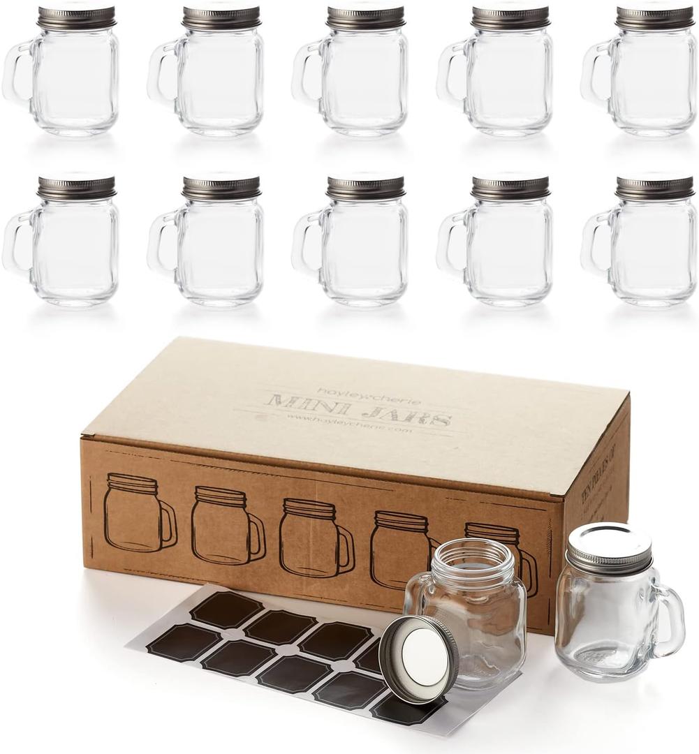 2.5oz Small Mason Jars with Stainless Steel Lids & Chalkboard Labels (10 pack) Leak Proof Mini Mason Jars with Handles, Glass Shot Glasses, Tiny Mason Jar Mugs for Gifts, Party Favors, Candy, Weddings