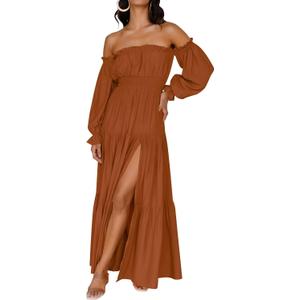 ZESICA Women's Boho Off Shoulder Wedding Guest Dress 2026 Spring Summer Side Split Flowy A Line Long Maxi Dresses (Brown, L)