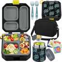Bento Lunch Box for Kids with 12oz Soup Thermo Leak-Proof Lunch Food Container with 5 Compartment Thermo Hot Food Jar and Insulated Lunch Bag for Kid Toddler Girls Boys to School (Black - Gamepad)