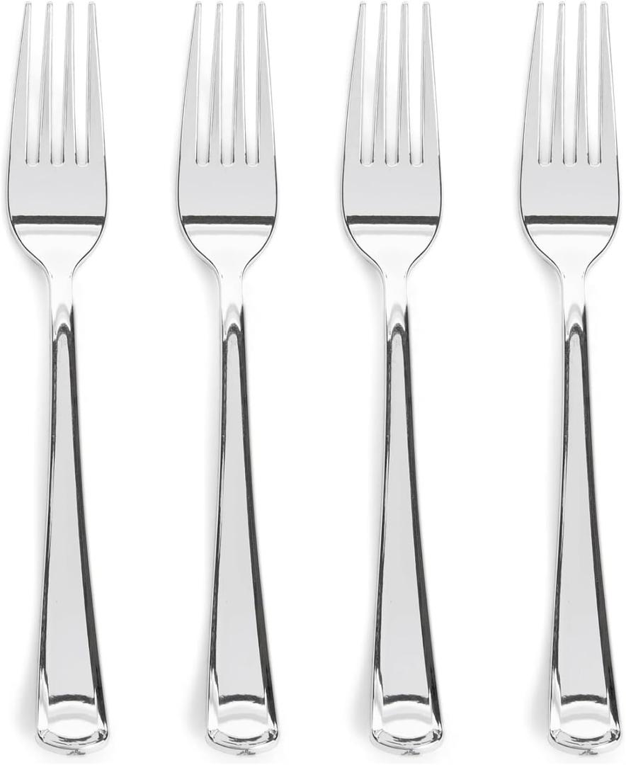 Prestee 100-Pack Heavy Duty Plastic Forks - 7-Inch Elegant Silver Plastic Forks Disposable Set - Fancy, Disposable Silverware Utensils for Parties, Holidays, Weddings, and Events - Durable Cutlery Set