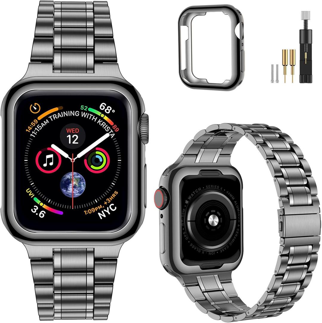 MioHHR Solid Stainless Steel Band Compatible with Apple Watch 45mm, Metal Strap with Soft TPU Case for iWatch Series 9 8 7 45mm Women and Men, Space Gray