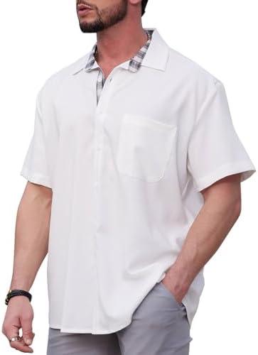 HUNGSON Men's Button Down Shirts Short Sleeve Casual Shirts Summer Beach with Pocket, Size L