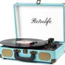Record Player with Speakers 3-Speed Bluetooth Suitcase Portable Vinyl Record Player Belt-Driven RCA Line Out AUX in Headphone Jack Vinyl Vintage Turntable Blue