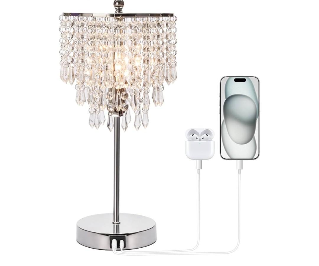Touch Control Crystal Table Lamp with USB C+A Charging Ports, 3-Way Dimmable Bedside Touch Lamp Decorative Nightstand Lamp with Elegant Lampshade for Living Room Bedroom, B11 LED Bulb Included