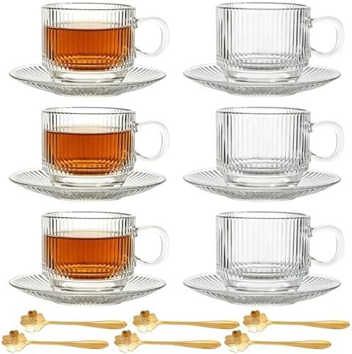 Atarvana 6 Pack Glass Tea Cups and Saucers Set with Spoons, Glazeal Stackable 5.41oz/160ml Heat-Resistant Espresso Cups, Transparent Tea Glass for Cappuccino, Latte, Cafe and Home Kitchen Use