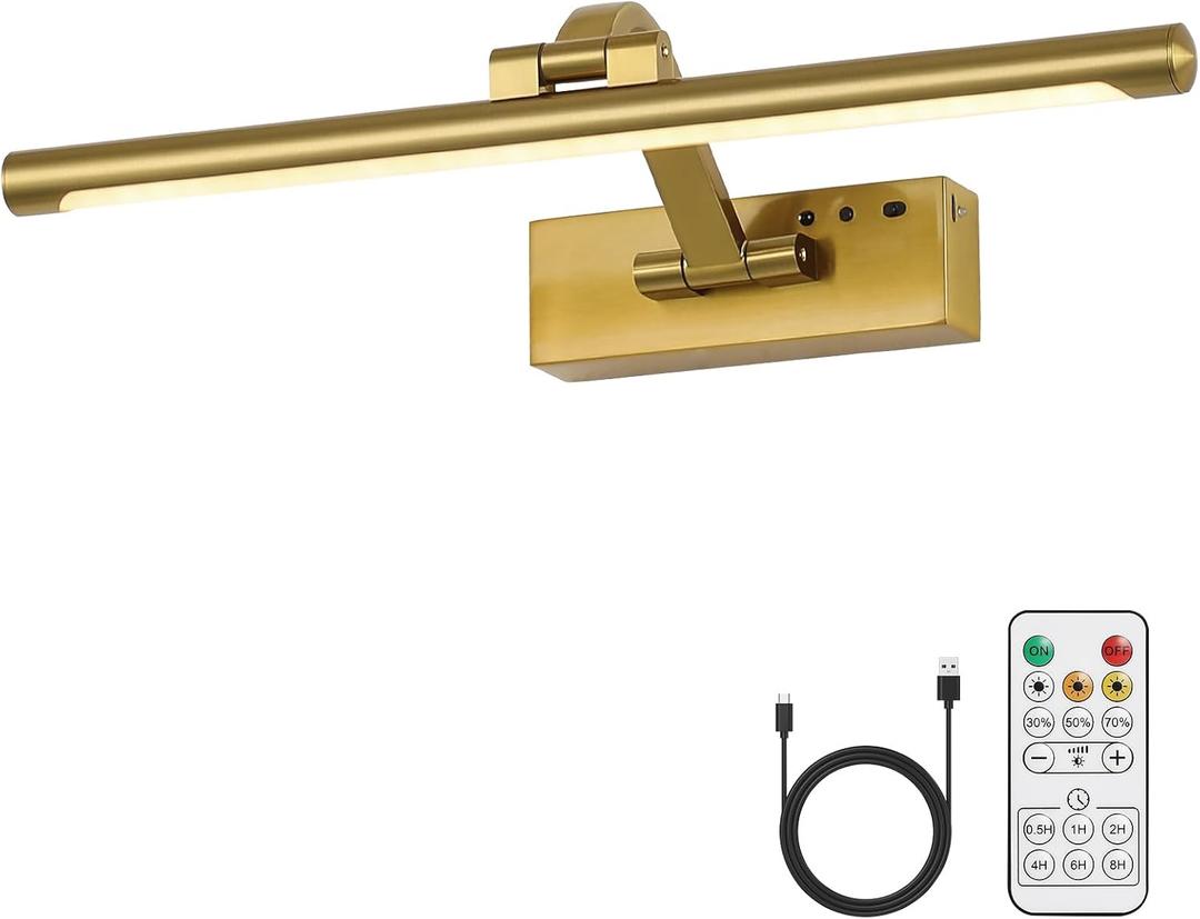 Gold Battery Operated Wall Sconce with Remote - 3CCT Picture Lights for Wall, 270 Rotatable Lamp for Aura Frame Or Under Cabinet Lighting with Remote and Time (16.14-Inch)