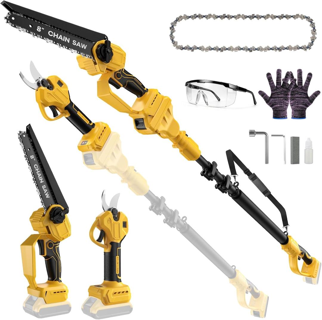 4 in 1 Cordless Pole Saw & Pruning Shears Combo for Dewalt 20V Max Battery(Not Included), 8 Inch Mini Chainsaw & Electric Pruner with 15 Ft Reach Extension Pole for Branch Cutting Tree Trimming