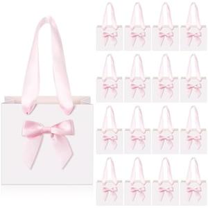 Kolldenn 50 Pcs No DIY Small Gift Bags with Bow Ribbon 4'' x 2.7'' x 4.5'' Mini Paper Thank You Bags Bulk with Handle for Baby Shower Party Favor Wedding Back to School Birthday(White and Pink)