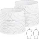 White Lampshades Set of 2 for Table Floor Lamp, Lampshades with with Line Design, 12.7" Top x 12.7" Bottom x 10" High, Natural Linen Hand Crafted, Lamp Shade Harp Holder Included (Beige, Silver)