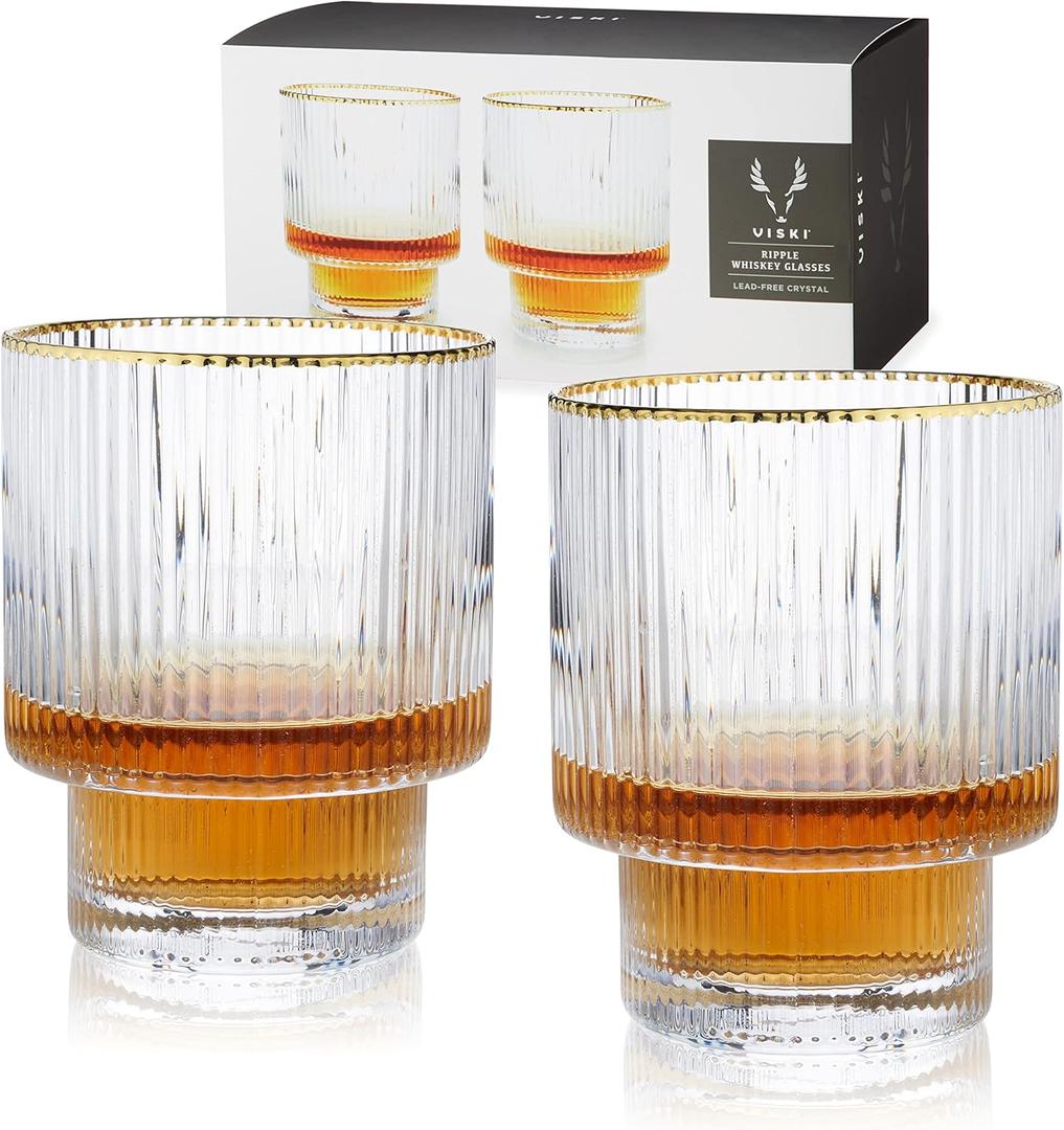 Viski Meridian Lowball Glasses Set of 2 - Premium Crystal Clear Vintage Drinking Tumblers for Whiskey, Scotch & Bourbon in Art Deco Ripple Glassware Design, Gold Rimmed Glassware Gift Set, 12 oz