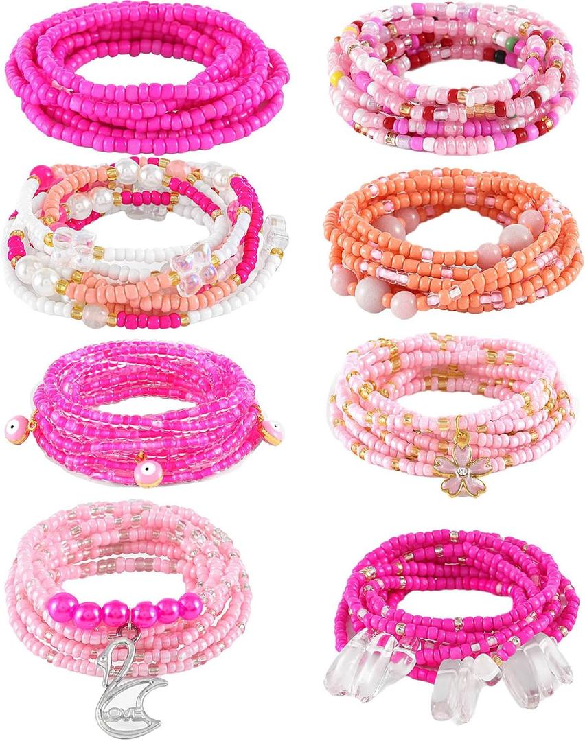 ELABEST 50” Tie-on African Waist Beads for Women Non Stretching 8Pcs Belly Beads Plus Size Colorful Handmade Beaded Waist Jewelry Accessories Body Chain
