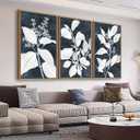 Large Botanical Wall Art for Living Room Natural Wood Float Framed Art Set of 3 White Plant Canvas Pictures Minimalist Artwork Indigo Canvas Prints for Bedroom Home Office Wall Decor 32"X48"X3