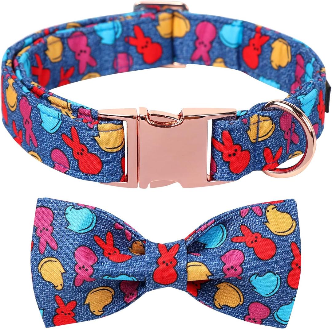 Maca Bates Easter Day Rabbit Dog Collar with Fancy Bow Tie for Extra Small Girl Boy Dogs, Blue Bunny Chick Pattern,Adjustable Durable Soft Breakaway Collars for Male Female Puppy (XS)
