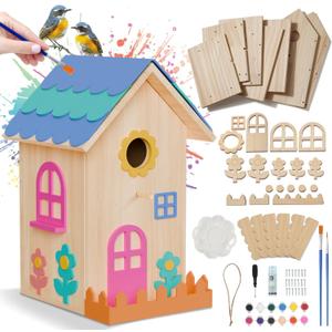 Birdhouse Kit, DIY Wooden Bird House Kits for Outside Adults Kids Woodcraft Bird House with Paint Hanging Twine Building Projectsand Wood Craft Woodworking Gift for Beginners for Kids Ages 8+