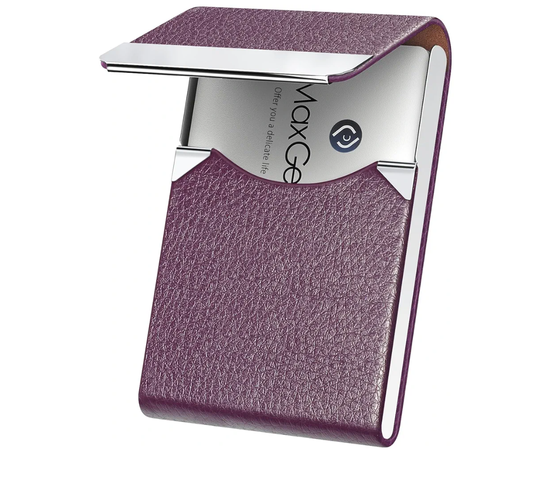 MaxGear Business Card Holder, PU Leather & Stainless Steel Business Card Case for Men or Women, Slim Name Cards Holder RFID Blocking Credit Cards Carrier with Magnetic Closure, Purple