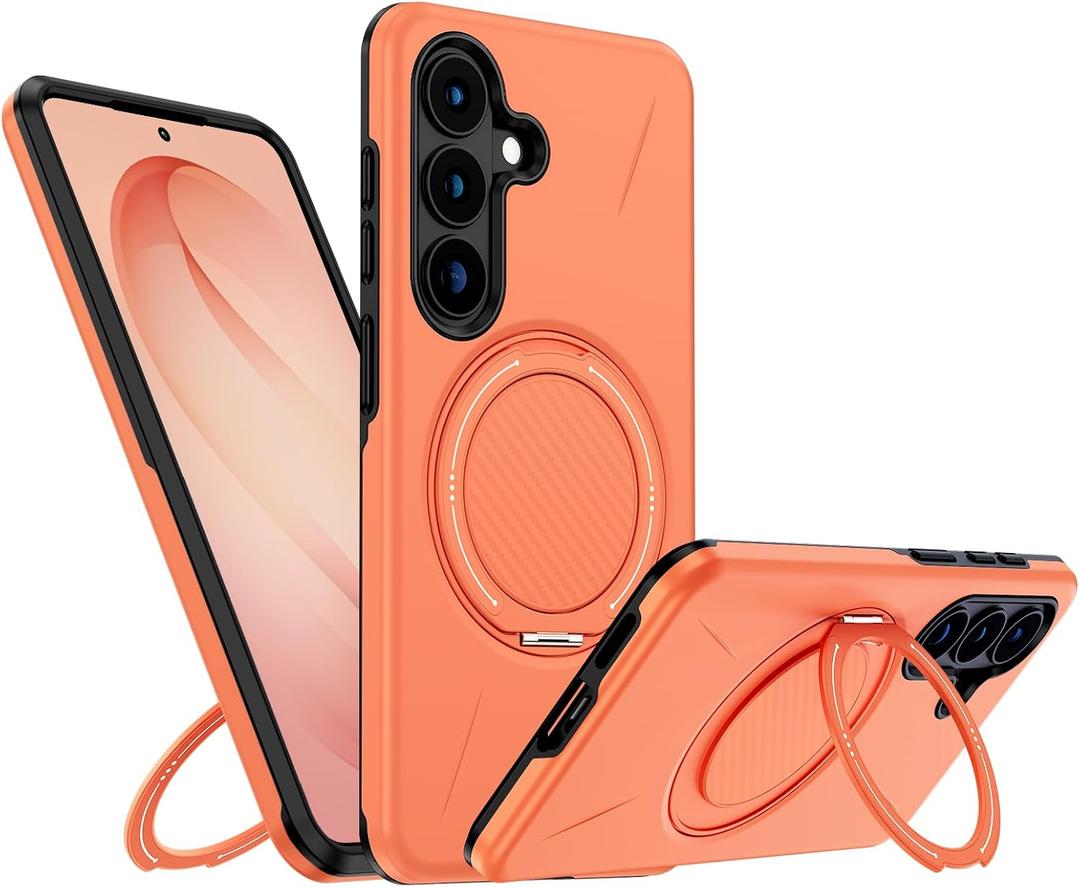 for Samsung S26 Case Magnetic, Military Grade Shockproof Phone Case Cover with 360° Rotatable Metal Ring Stand Kickstand [Compatible with MagSafe] for Galaxy S26, Orange