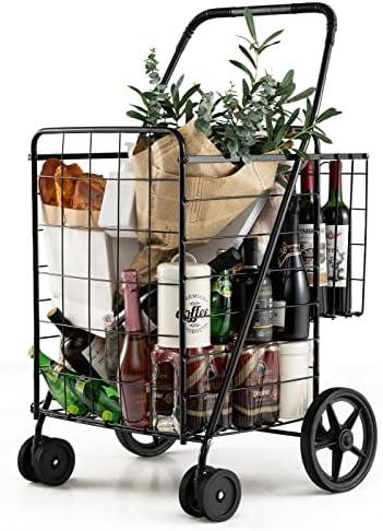 Goplus Jumbo Folding Shopping Cart with Rolling Swivel Wheels, Foldable Grocery Cart on Wheels with Double Basket, Heavy Duty Utility Cart, Shopping Carts for Groceries Laundry Book Luggage Travel