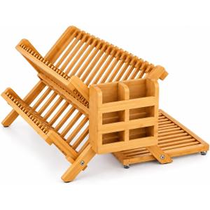 3-Tier Bamboo Dish Drying Rack with Utensil Holder & Absorbent Dish Drying Mat | Collapsible Wooden Dish Rack for Kitchen Counter | Folding Drying Rack with Utensil Caddy & Cutlery Holder, large