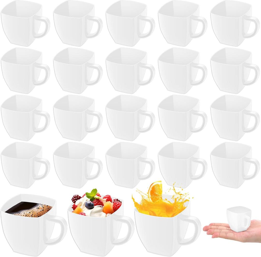 Amyhill Mini Disposable Tea Cups with Handle, 2oz Hard Plastic Coffee Mug Bulk Plastic Square Disposable Espresso Cups for Wedding Tea Party Catering Dessert Sampling(White,50 Pcs)