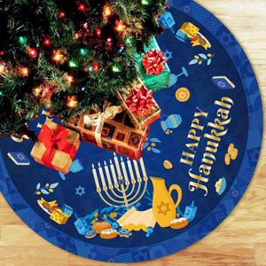 Hanukkah Decorations Tree Skirt, 48inch Xmas Blue Hanukkah Tree Decorations Menorah Dreidel Latkes Pattern Jewish Chanukah Decorations for Jewish Holiday