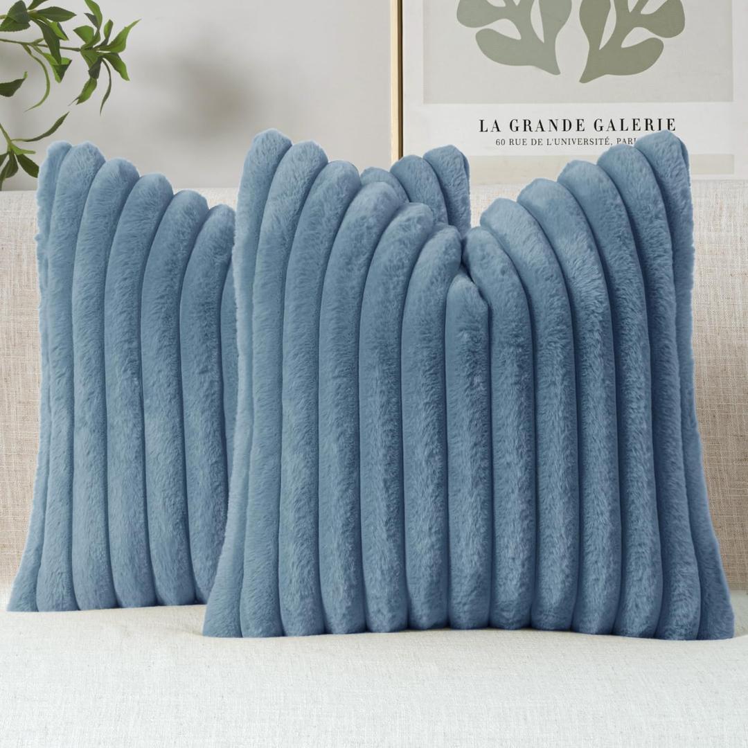 MIULEE Faux Fur Decorative Throw Pillow Covers 18x18 Inch Set of 2, Coastal Modern Art Home Decor Soft Plush Couch Pillows Cozy Fluffy Cushion Covers for Sofa Bed, Grey Blue