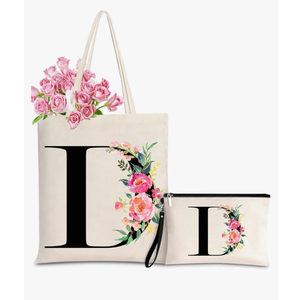 Initial Canvas Tote Bag for Women, Personalized Monogrammed Tote Bags with Makeup Gift Bag for Wedding Bridesmaids Birthday