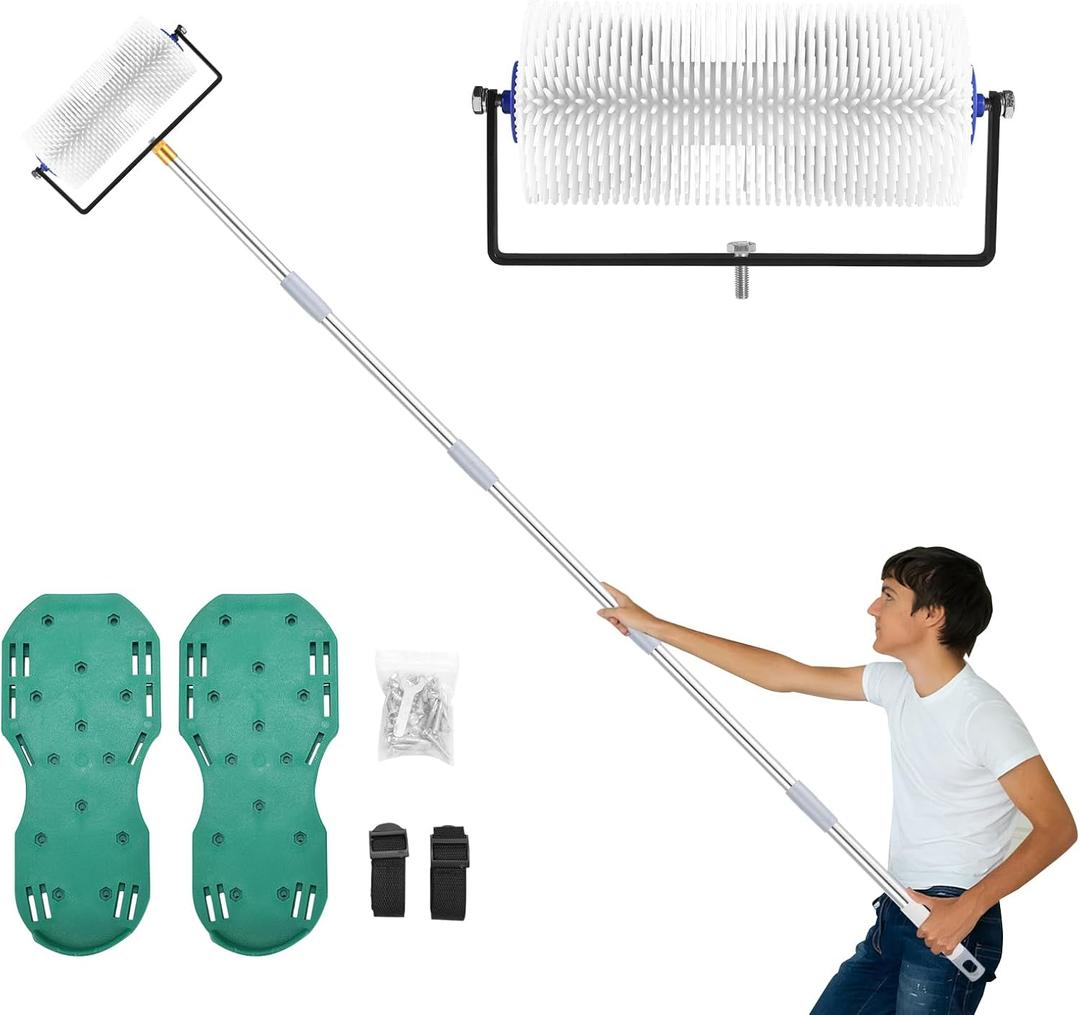 Spike Roller for Self Leveling Cement, 9 Inch Heavy-Duty Screed Spiked Roller with 34-77'' Adjustable Extension Pole  Complete Concrete Tool Kit w/Spike Shoes for Epoxy Flooring & Cement Leveling