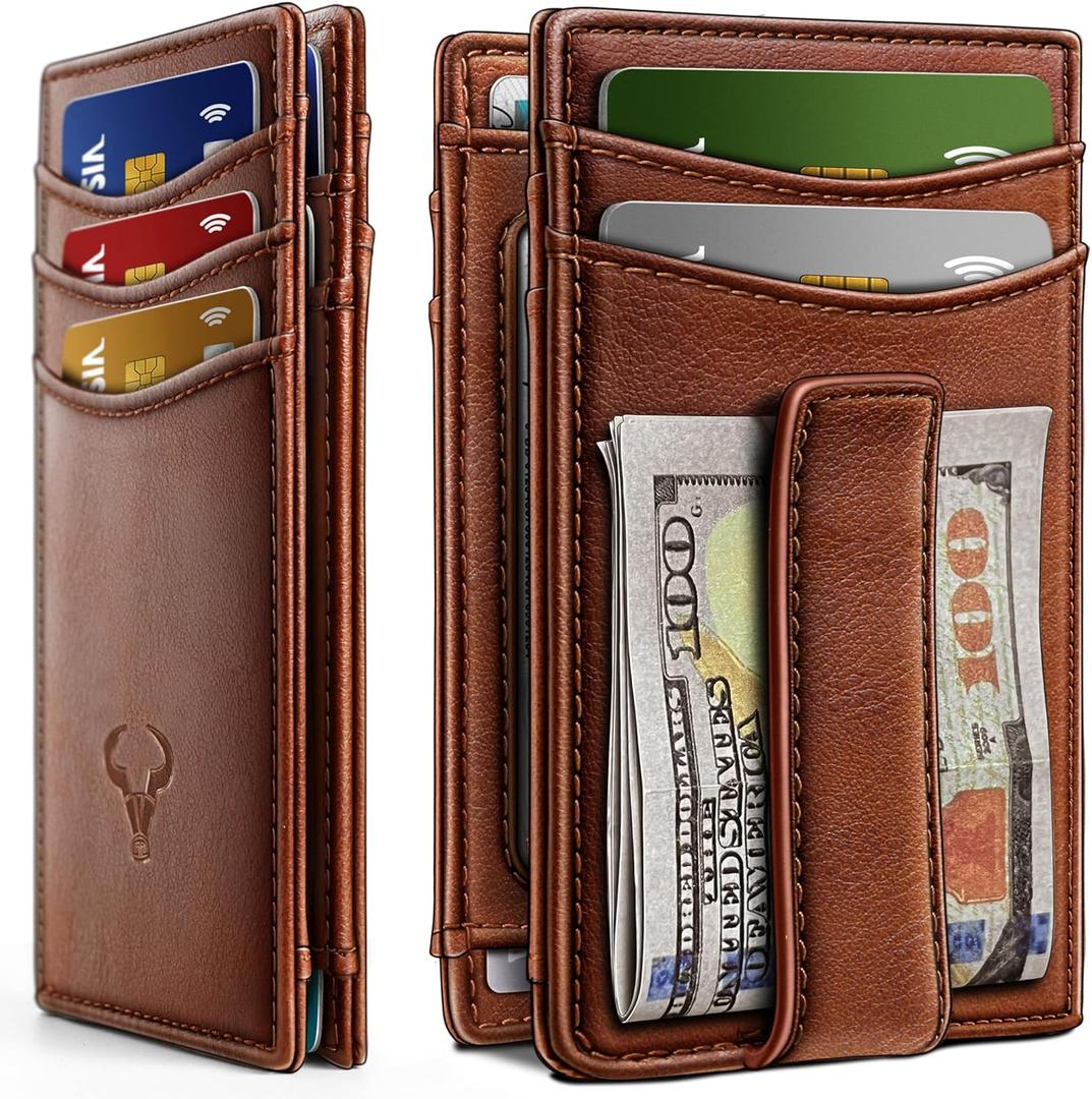 BULLIANT Magnetic Closure Slim Wallet-Genuine Leather Front Pocket Wallet for Men,RFID Blocking,Holds 12 Cards and Money Clip (Brick Brown4203)