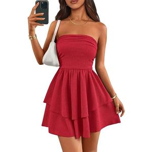 PRETTYGARDEN Women's Summer Strapless Flowy Mini Dresses (M, Red)