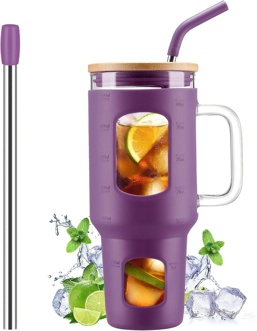 WINSA Glass Tumbler with Straw and Lid, 40 oz glass cup with handle, Glass Water Bottles with Time Marker, Silicone Protective Sleeve-Dark Purple