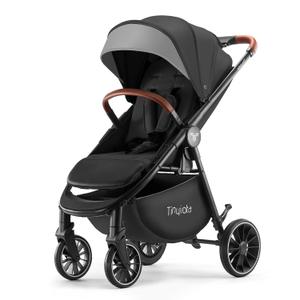 Tinyiota Stroller for Babies, Toddler Strollers with Large UPF 50+ Canopy, Luxury Baby Stroller with Leather Handle & Spacious Seat, One-Hand Foldable Pushchair, Baby Carriage with Lie-Flat Mode(Black)