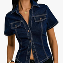 Women's Button Down Denim Blouse Short Sleeve Collared Fitted Jean Jacket Y2K Going Out Top Blue Large