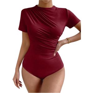 Milumia Women's Casual Ruched Mock Neck T Shirt Short Sleeve Tee Bodysuit Jumpsuit (Large, Burgundy)