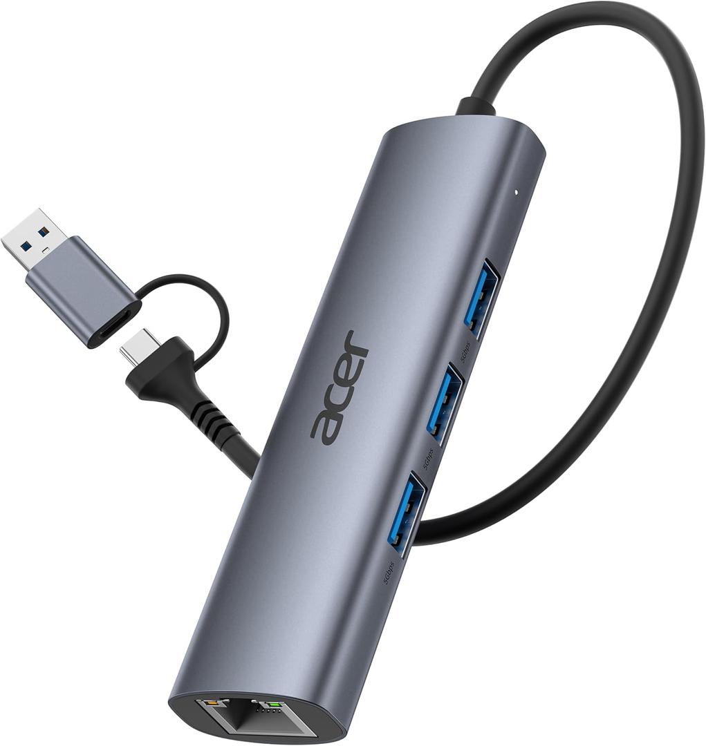 Acer USB to Ethernet Adapter, USBC Hub Ethernet 1Gbps with 3*USB 3.0, Aluminum Heat Dissipation, Driver Free, USB to Network Adapter for Windows 10, 8.1, Mac OS, Laptop, MacBook Pro, iPad, XPS, etc