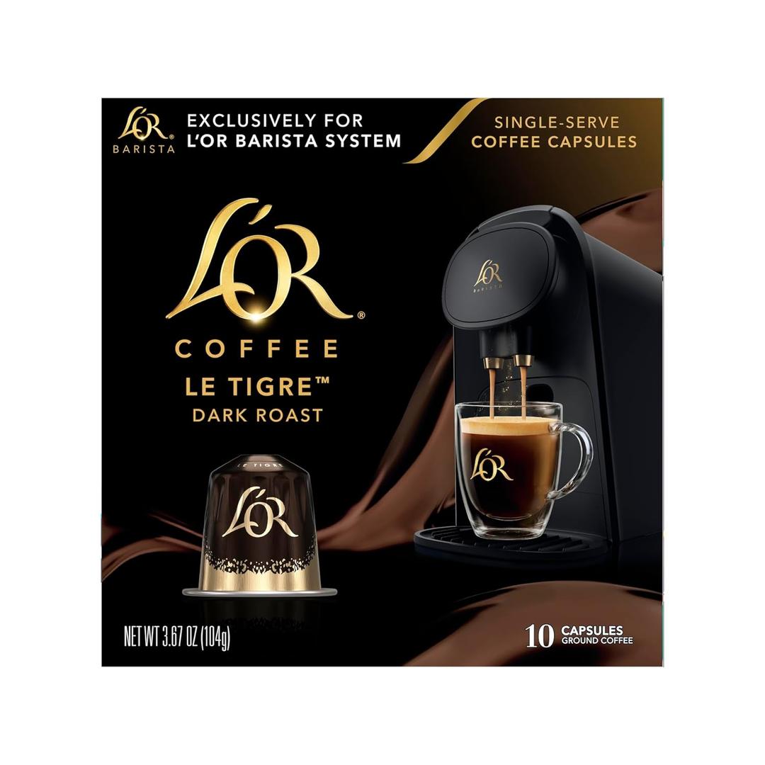 L'OR Coffee Pods, 10 Count Le Tigre Dark Roast Blend, Single-Serve Aluminum Coffee Capsules Compatible with the L'OR BARISTA System & *Nespresso Original Machines, 10 count (Pack of 1) (EXP 08/14/26)