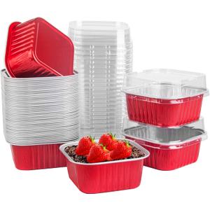 50 Pcs Mini Square Baking Cups with Lids, 5oz Aluminum Foil Mini Cake Pans with Lids, Disposable Ramekins Cake Pans, 150ml Dessert Cups Cupcake Pans for Wedding Birthday Party, Red