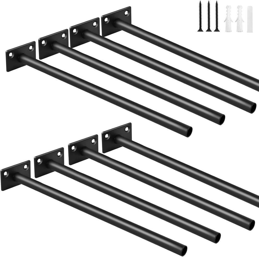8 Pcs 10" Black Steel Floating Shelf Bracket Blind Shelf Supports - Hidden Brackets for Floating Wood Shelves - Concealed Blind Shelf Support  Screws and Wall Plugs Included